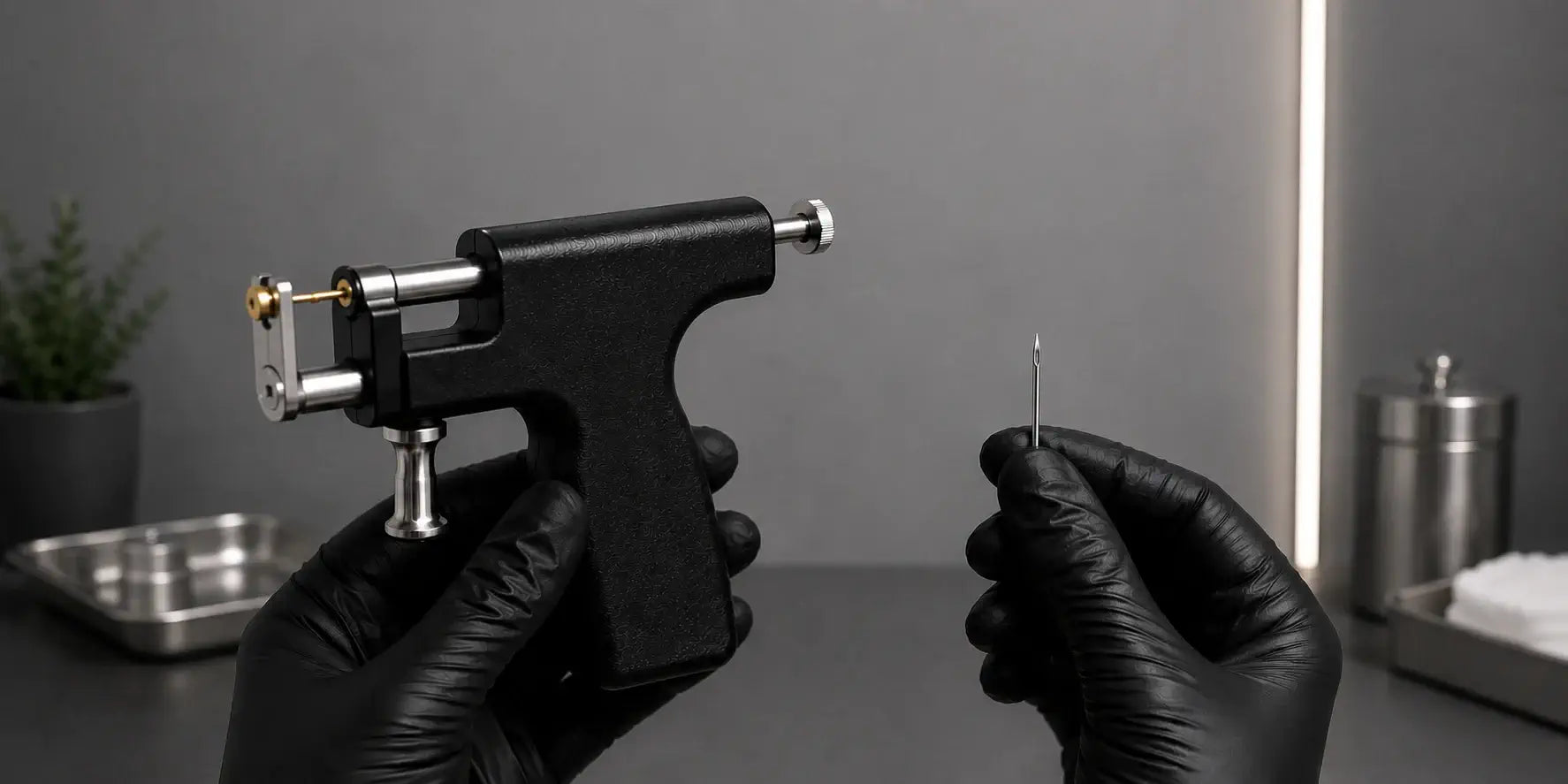 Person wearing black gloves holding a piercing gun and needle against a gray background