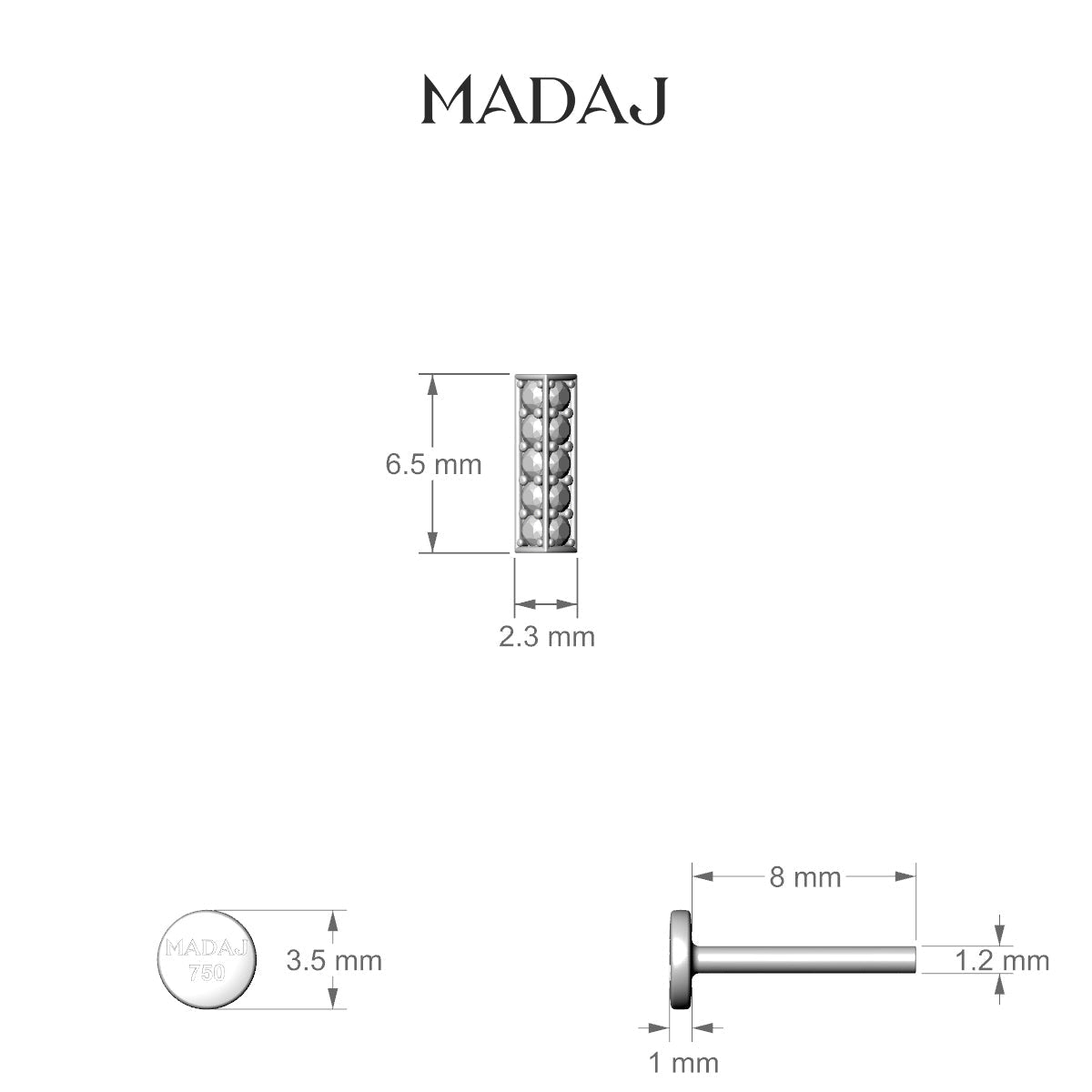 Ala | 18k White Gold 6.5 mm 8 mm Bar Diamond Nose Piercing
