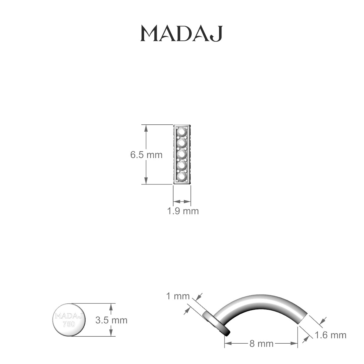 Aria | 18k White Gold 6.5 mm 8 mm Bar Diamond Floating Navel Piercing