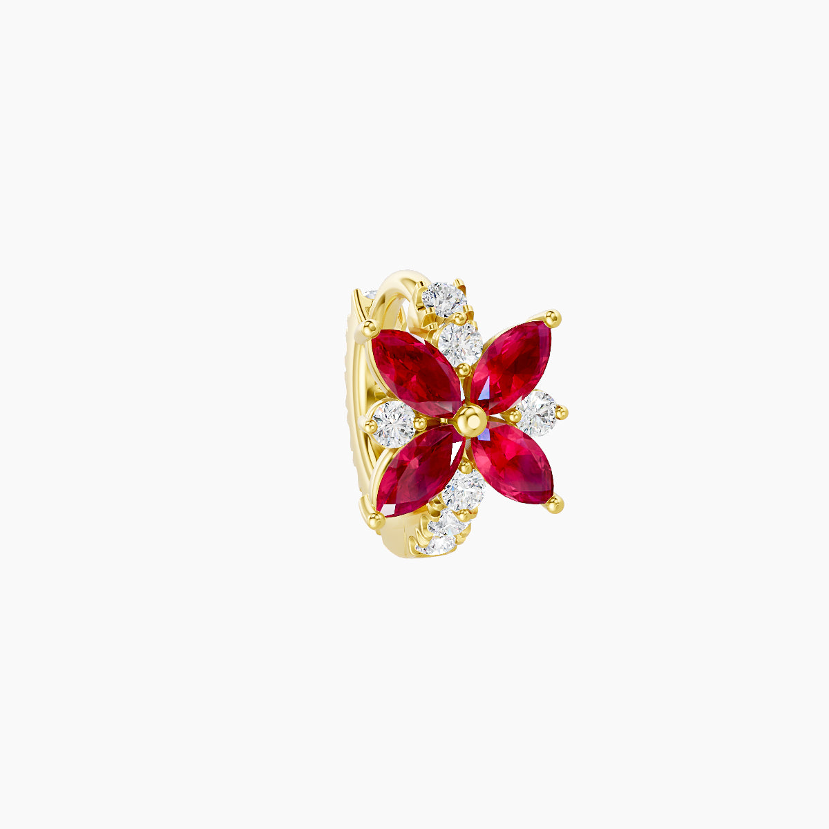Aurore | 18k Yellow Gold 5 mm Flower Ruby & Diamond Hoop Piercing