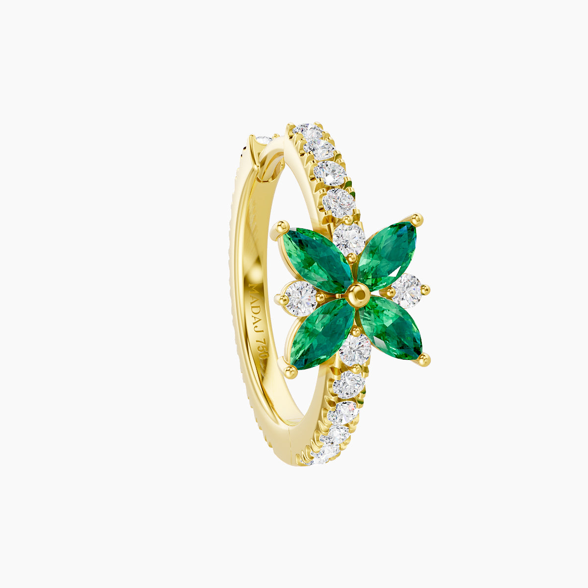 Aurore | 18k Yellow Gold 9.5 mm Flower Emerald & Diamond Hoop Piercing