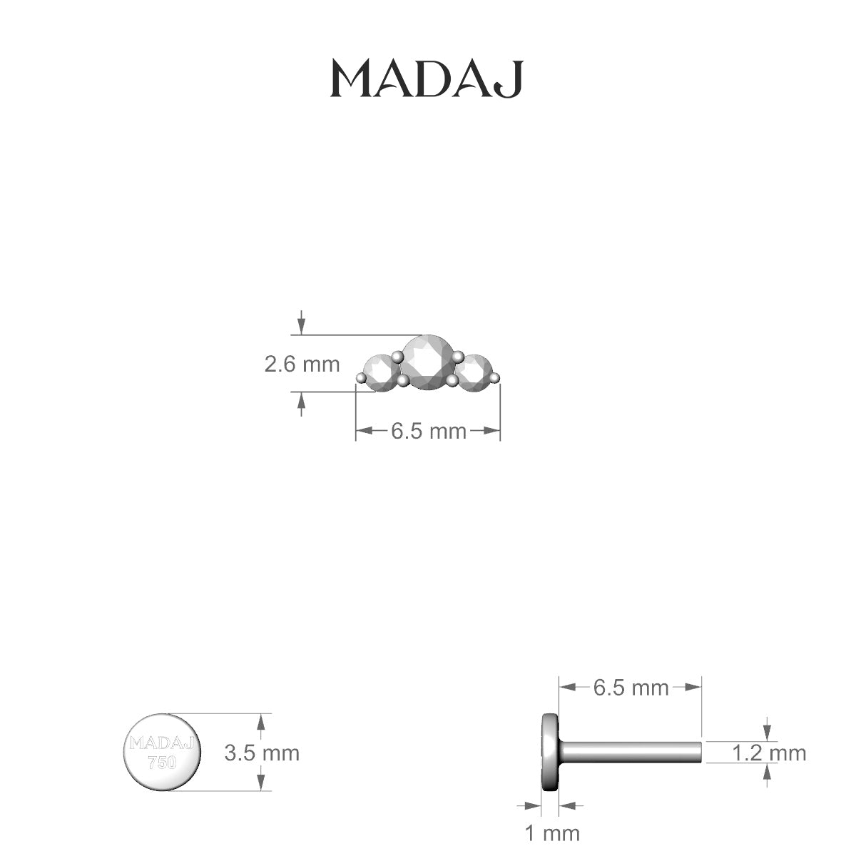 Bastet | 18k White Gold 6.5 mm 6.5 mm Trilogy Diamond Piercing