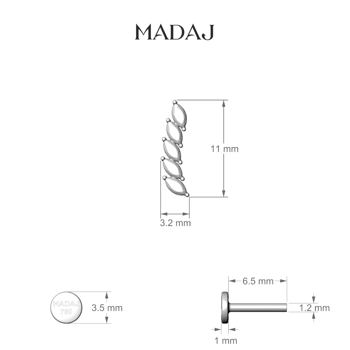Celeste | 18k White Gold 11 mm 6.5 mm Long Diamond Right Piercing