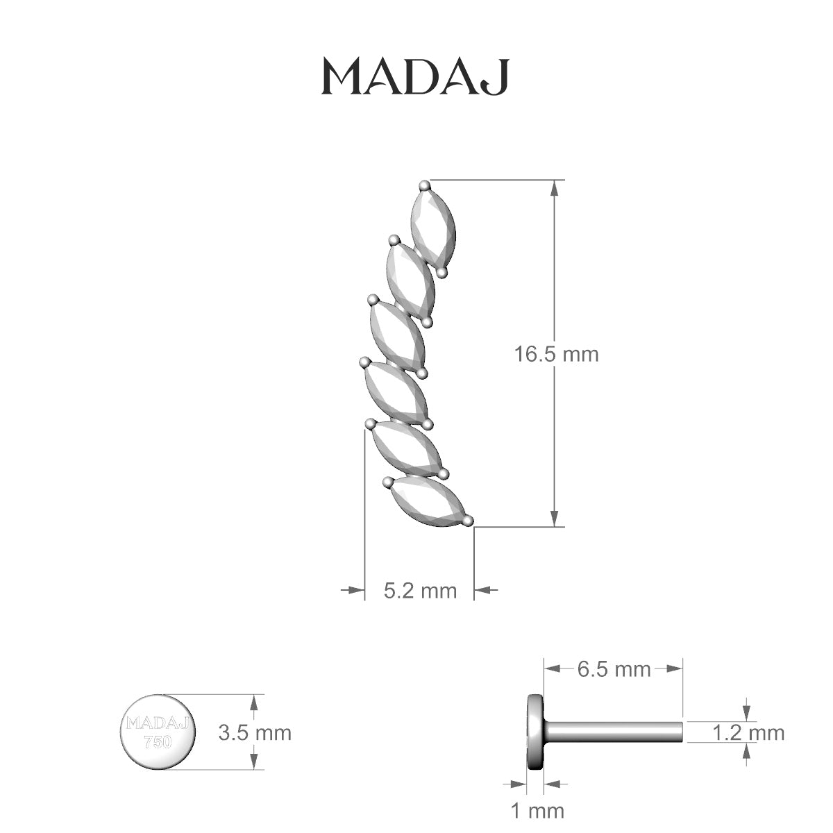 Celeste L | 18k White Gold 16.4 mm 6.5 mm Long Diamond Right Piercing