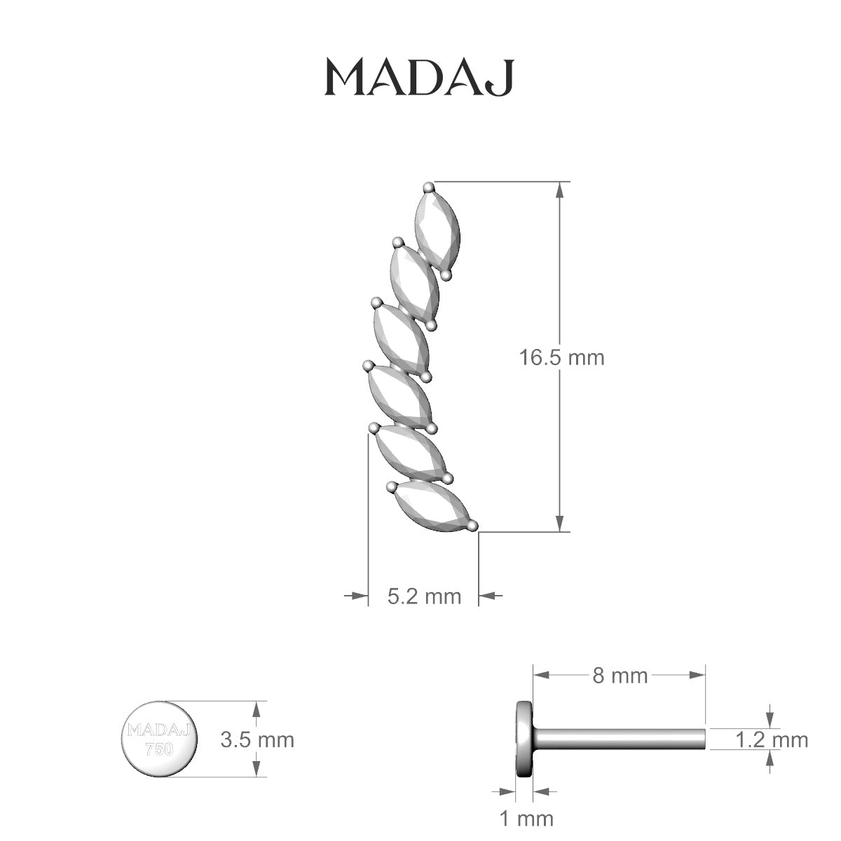 Celeste L | 18k White Gold 16.4 mm 8 mm Long Diamond Right Piercing