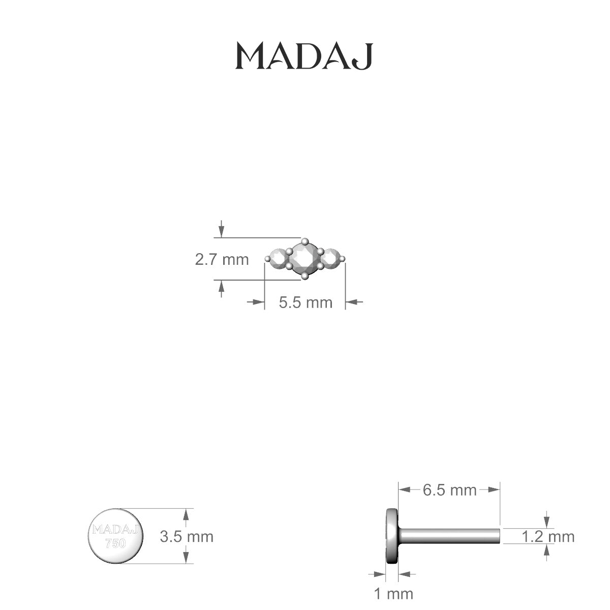 Edesia | 18k Yellow Gold 5.5 mm 6.5 mm Trilogy Diamond Piercing