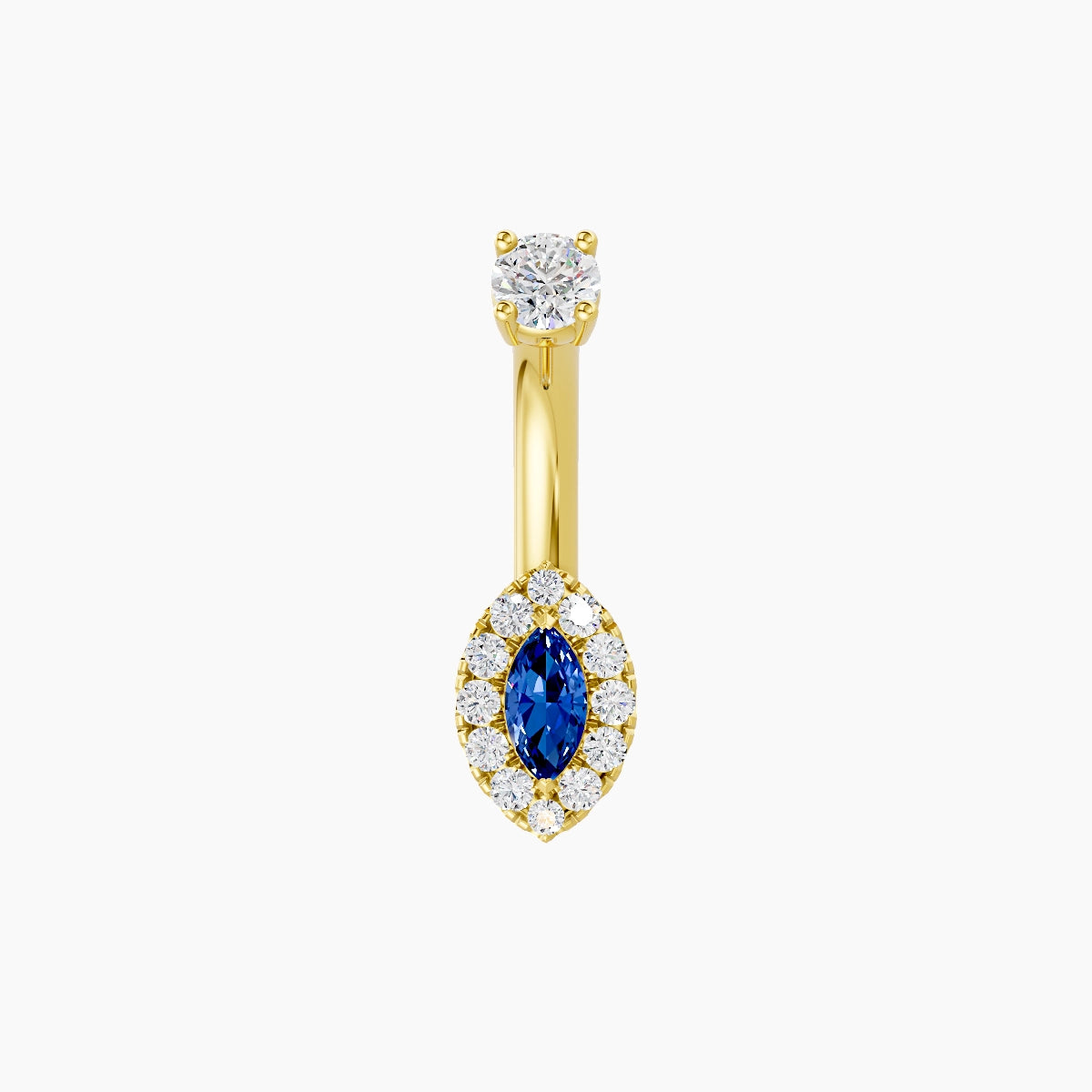 Eirene | 18k Yellow Gold 7 mm 6 mm Halo Marquise Sapphire & Diamond Belly Piercing