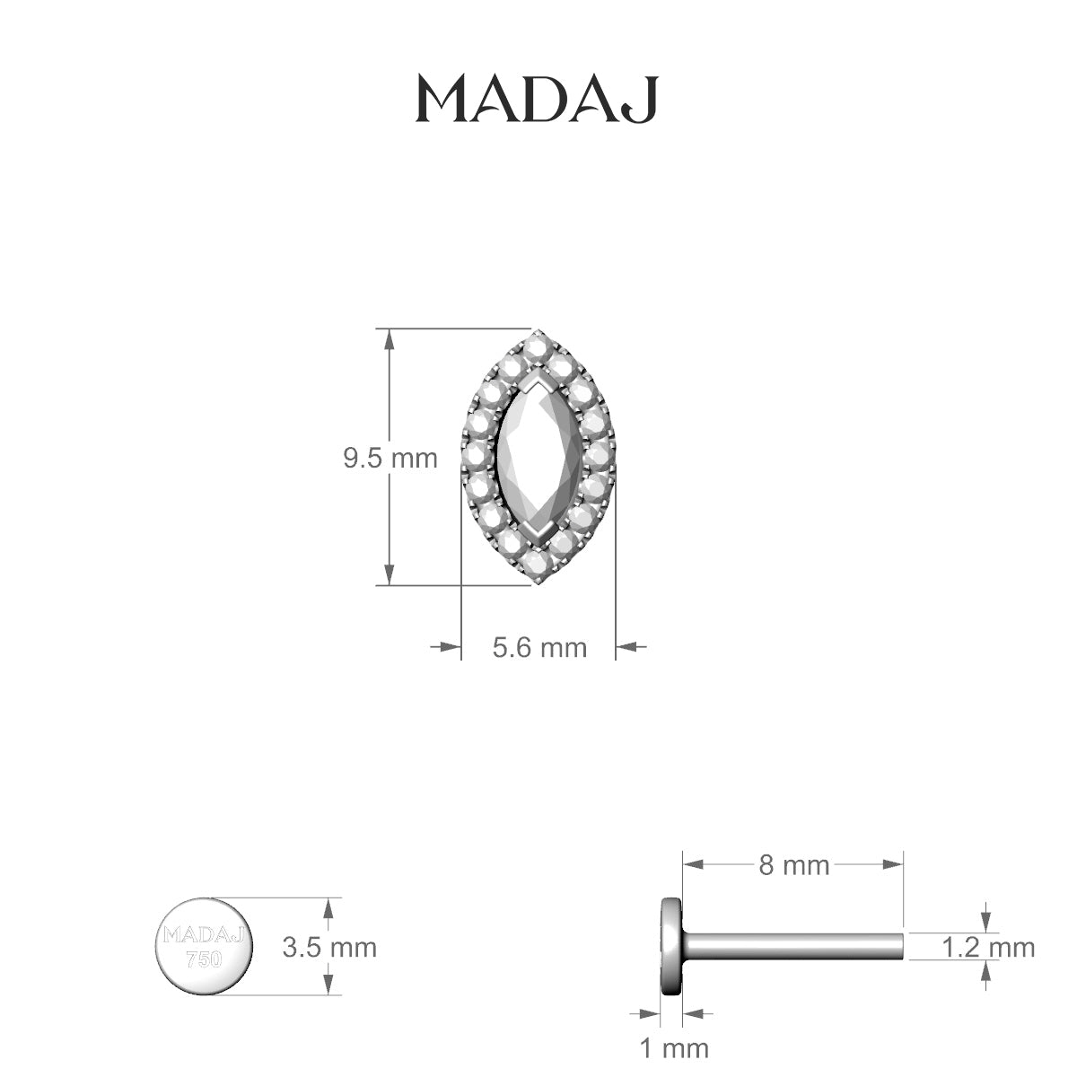 Eirene | 18k White Gold 9.5 mm 8 mm Halo Marquise Diamond Piercing