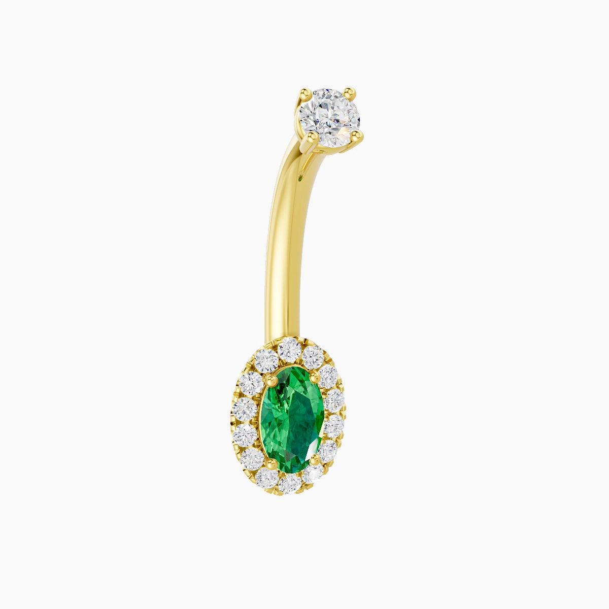 Eirene | 18k Yellow Gold 7.5 mm 10 mm Halo Oval Emerald & Diamond Belly Piercing
