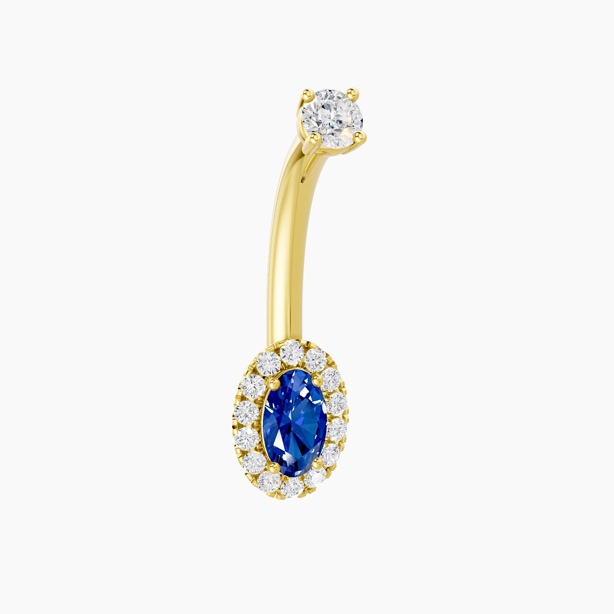 Eirene | 18k Yellow Gold 7.5 mm 10 mm Halo Oval Sapphire & Diamond Belly Piercing