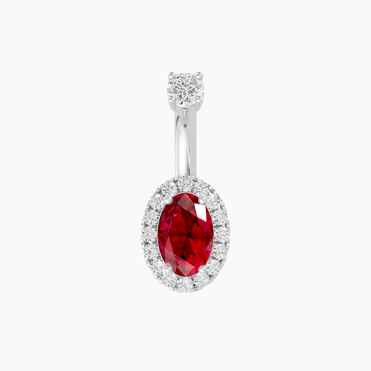 Eirene | 18k White Gold 8.5 mm 6 mm Halo Oval Ruby & Diamond Belly Piercing