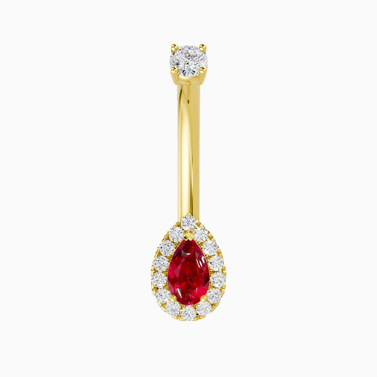 Eirene | 18k Yellow Gold 8 mm 10 mm Halo Pear Ruby & Diamond Belly Piercing