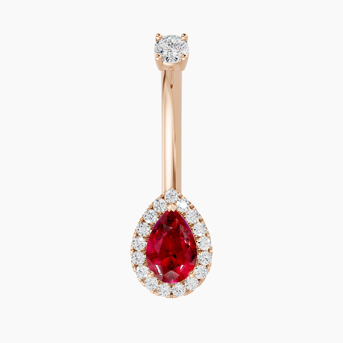 Eirene | 18k Rose Gold 9 mm 10 mm Halo Pear Ruby & Diamond Belly Piercing