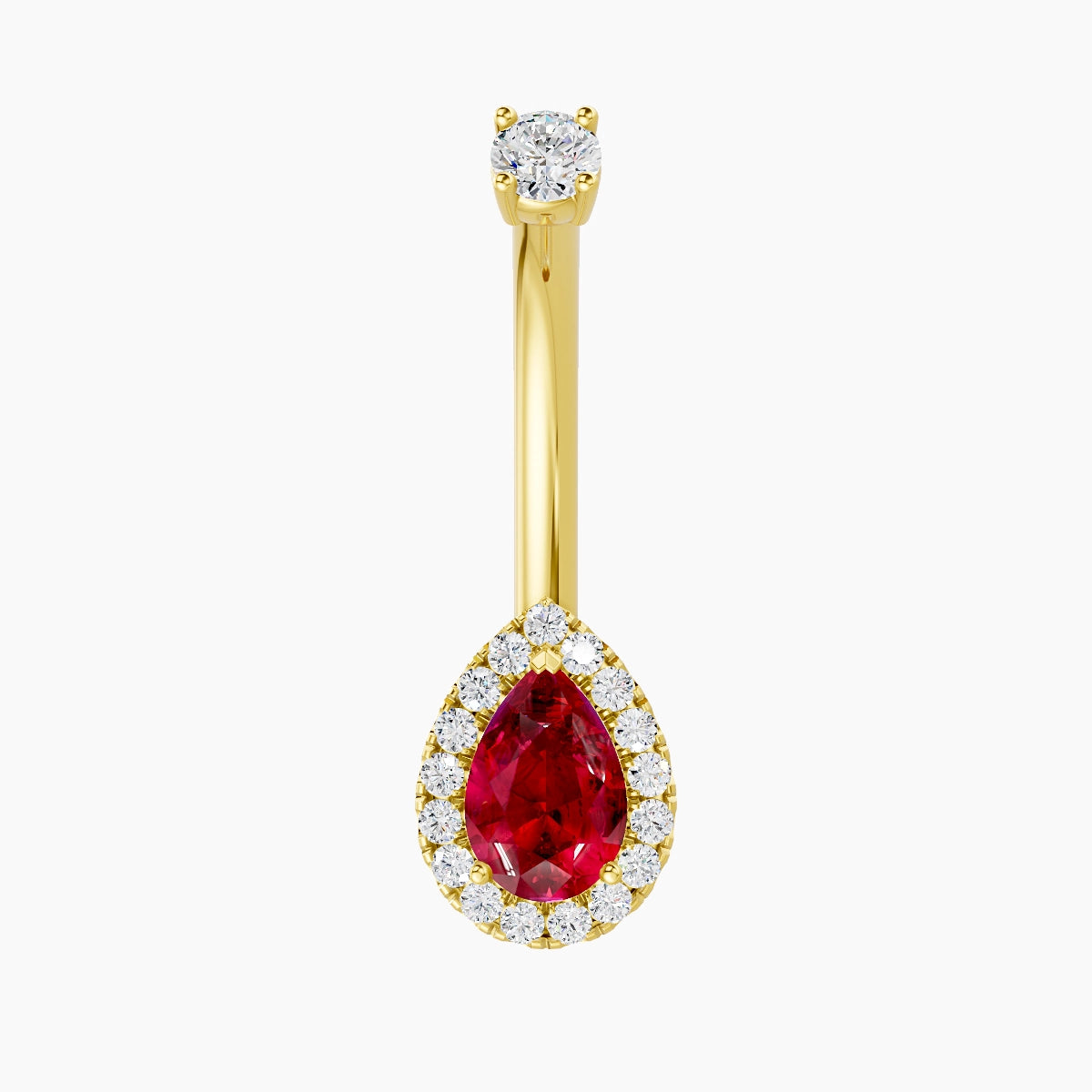 Eirene | 18k Yellow Gold 9 mm 10 mm Halo Pear Ruby & Diamond Belly Piercing