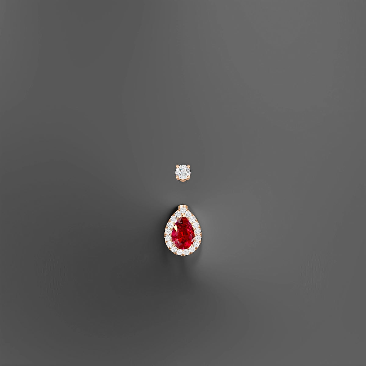 Eirene | 18k Rose Gold 9 mm 6 mm Halo Pear Ruby & Diamond Belly Piercing