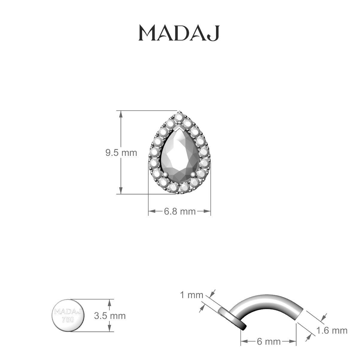Eirene | 18k White Gold 9.5 mm 6 mm Halo Pear Diamond Floating Navel Piercing