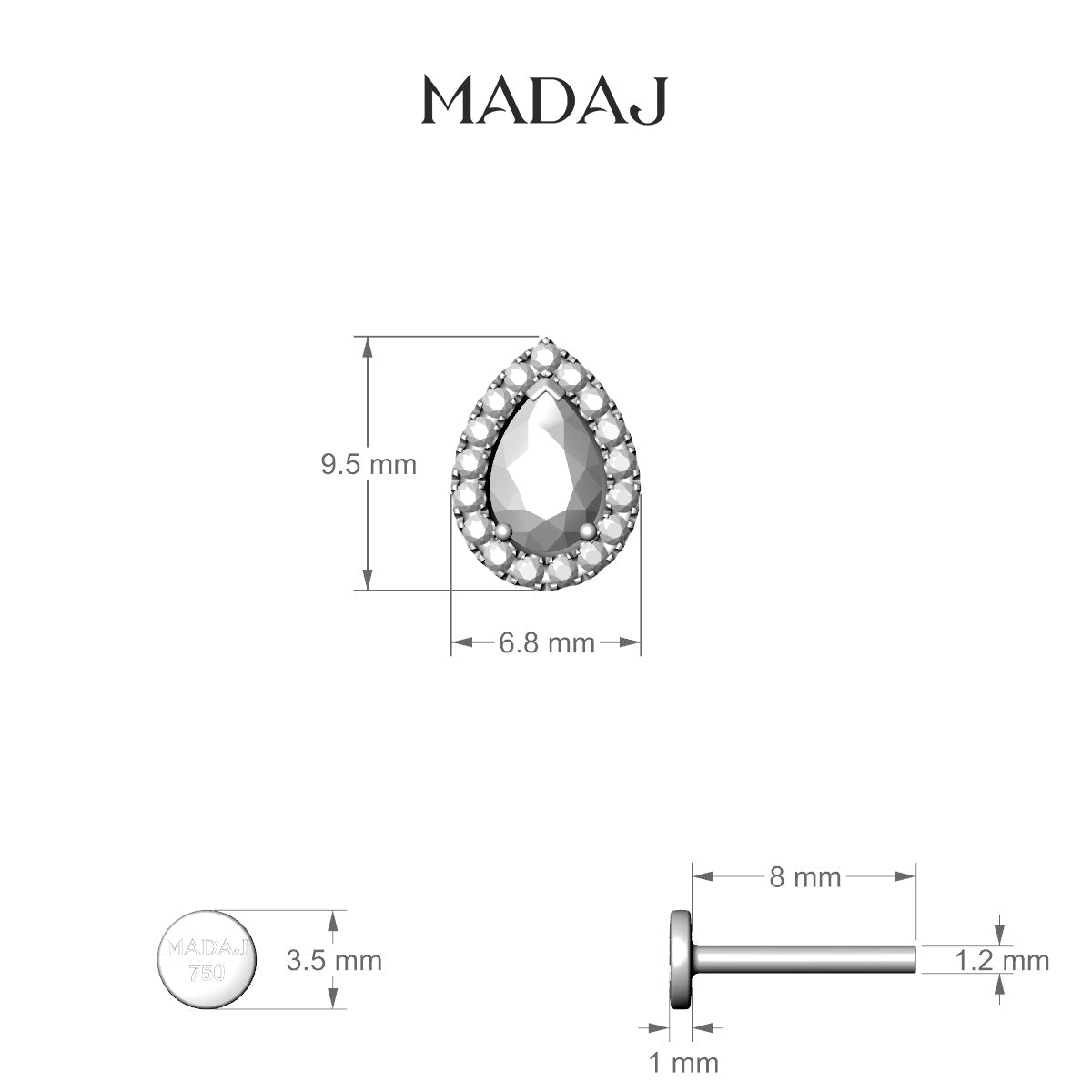 Eirene | 18k White Gold 9.5 mm 8 mm Halo Pear Diamond Piercing
