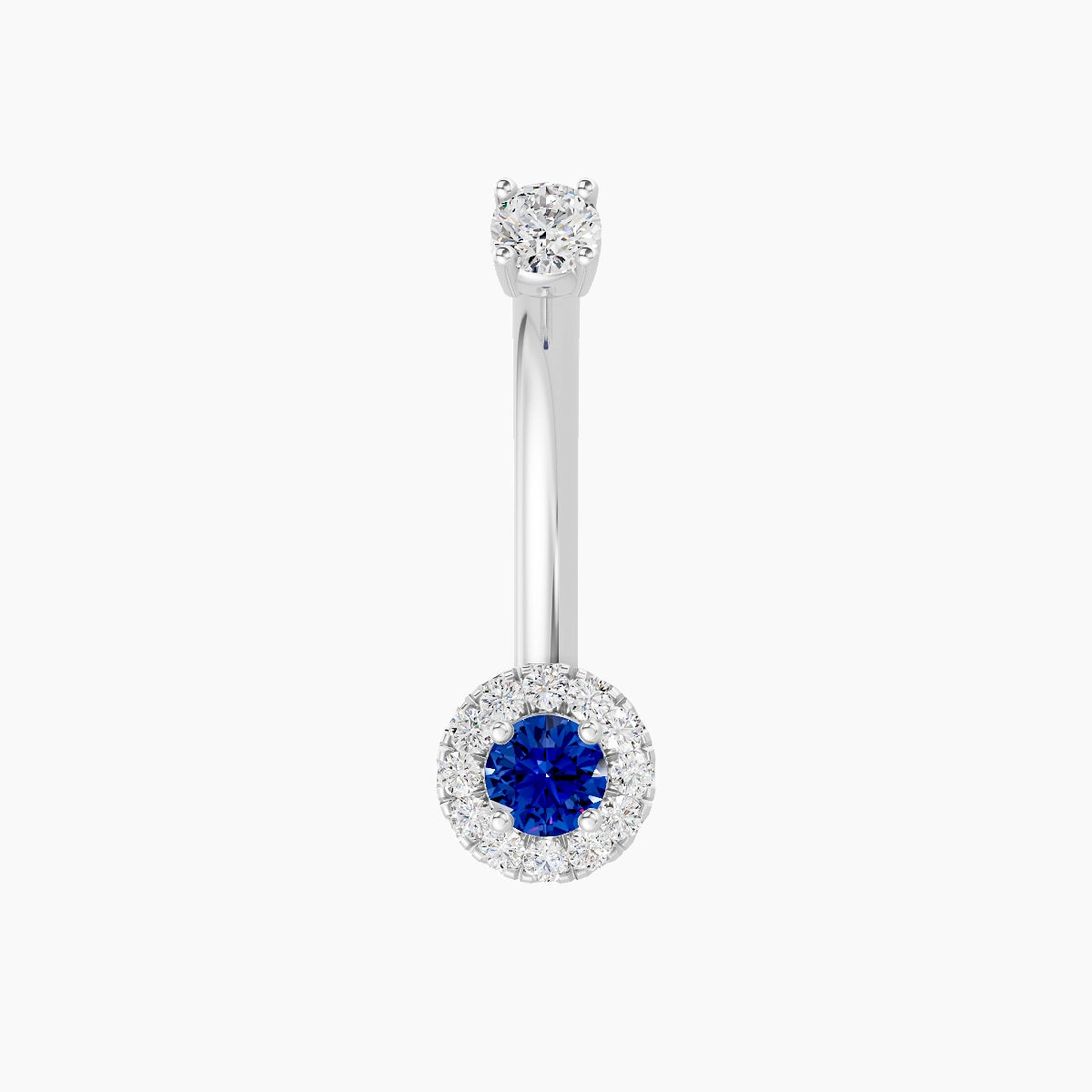 Eirene | 18k White Gold 5.5 mm 10 mm Halo Round Sapphire & Diamond Belly Piercing