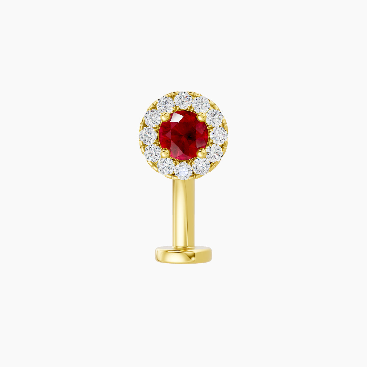 Eirene | 18k Yellow Gold 10 mm 5.5 mm Halo Round Ruby & Diamond Floating Navel Piercing