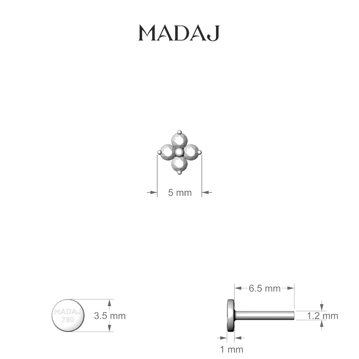 Eris | 18k White Gold 6.5 mm 5 mm Flower Black Diamond Nose Piercing