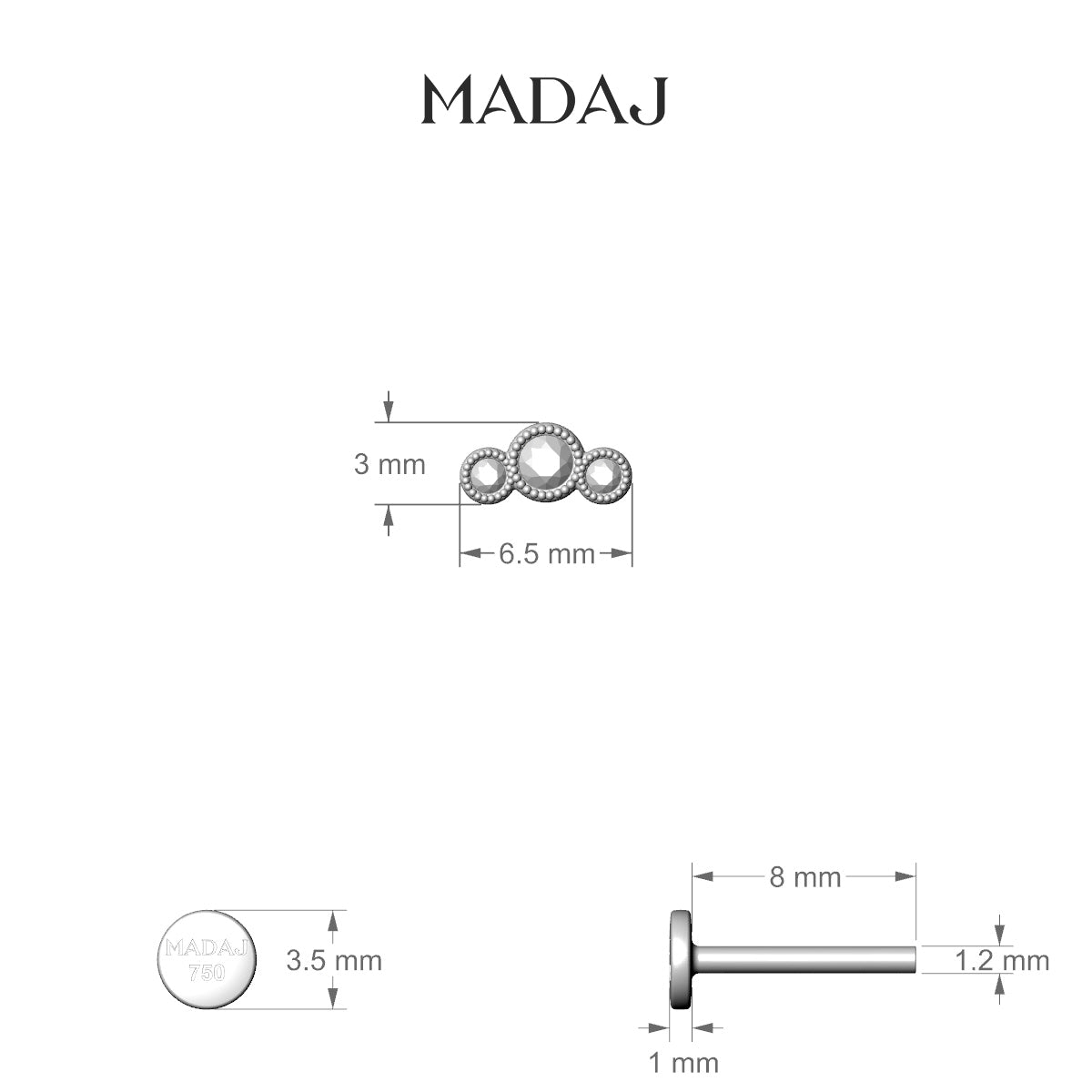 Fama | 18k White Gold 6.5 mm 8 mm Trilogy Diamond Piercing