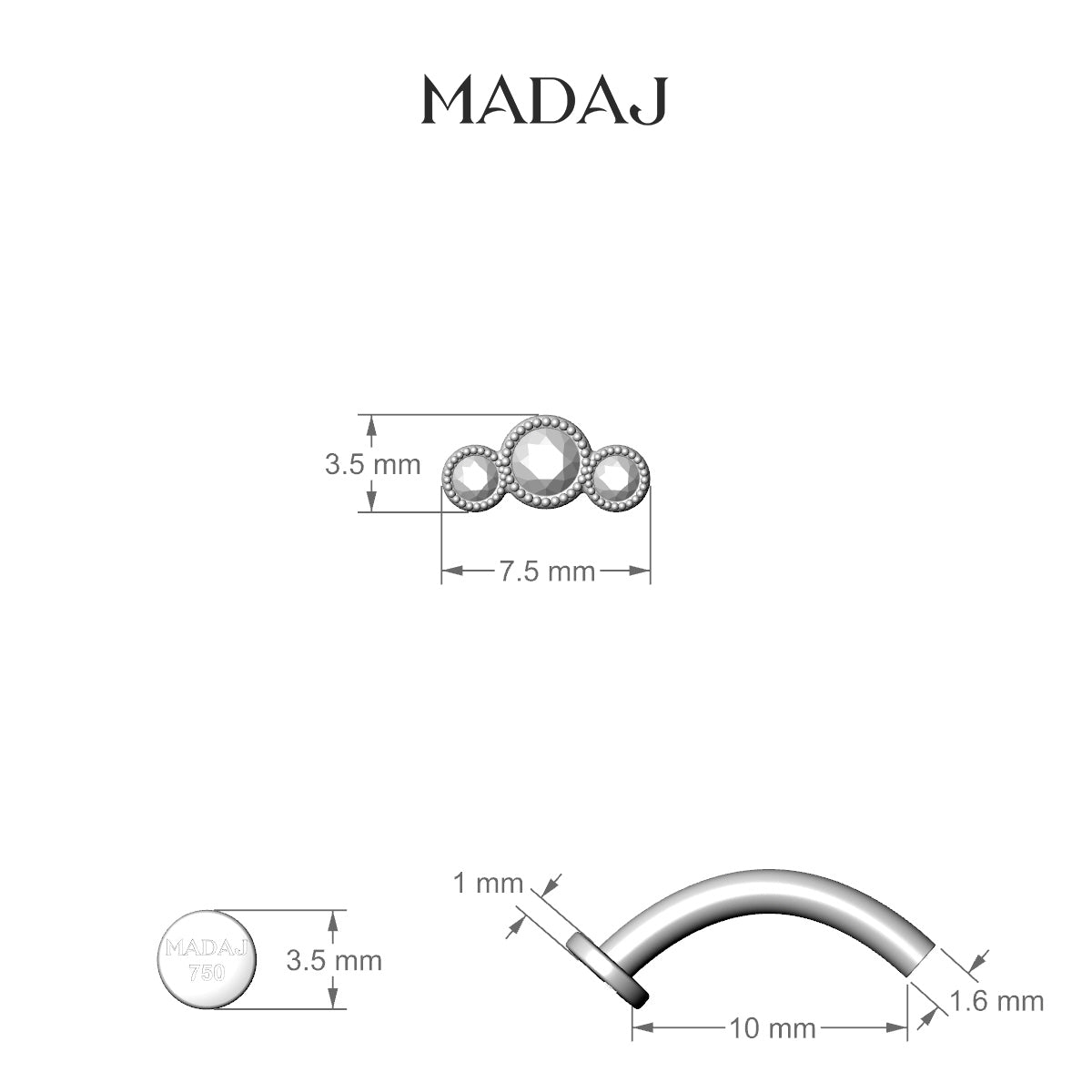 Fama | 18k White Gold 7.5 mm 10 mm Trilogy Diamond Floating Navel Piercing