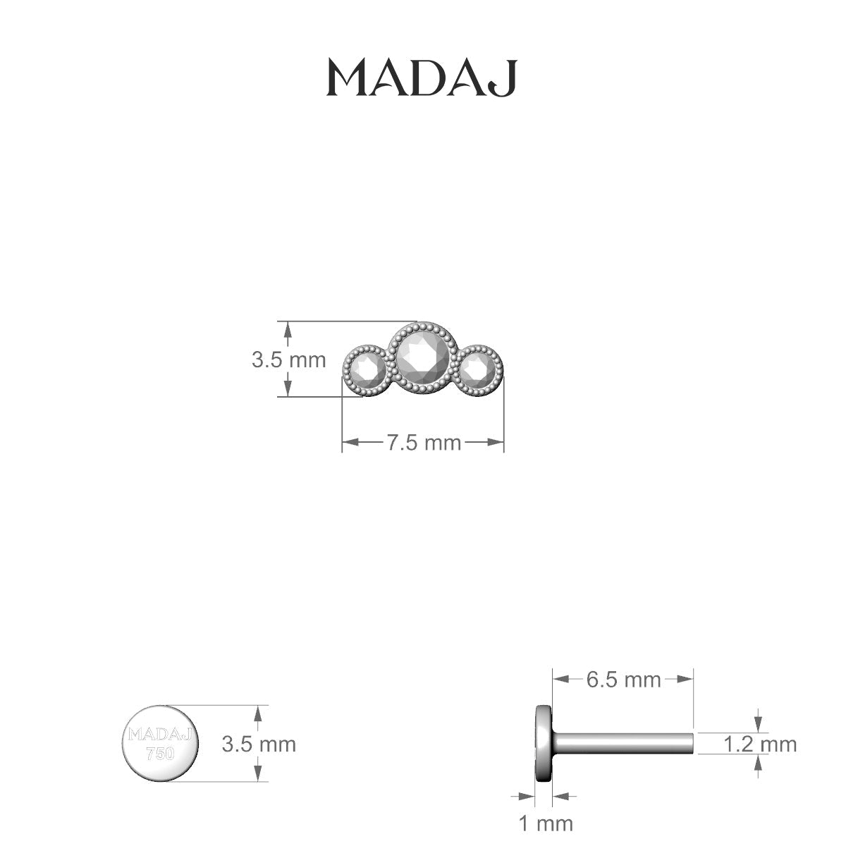 Fama | 18k Yellow Gold 7.5 mm 6.5 mm Trilogy Diamond Piercing