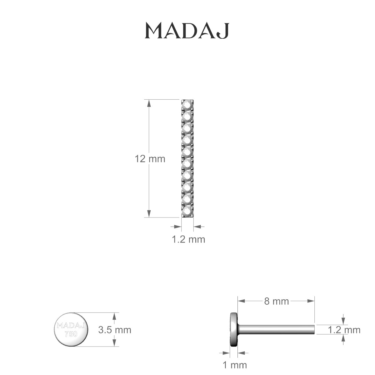 Gaia | 18k White Gold 12 mm 8 mm Bar Diamond Piercing