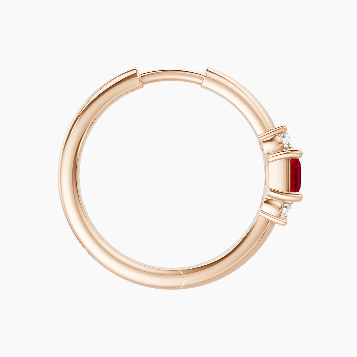 Grace | 18k Rose Gold 11 mm Trilogy Princess Ruby & Diamond Hoop Piercing