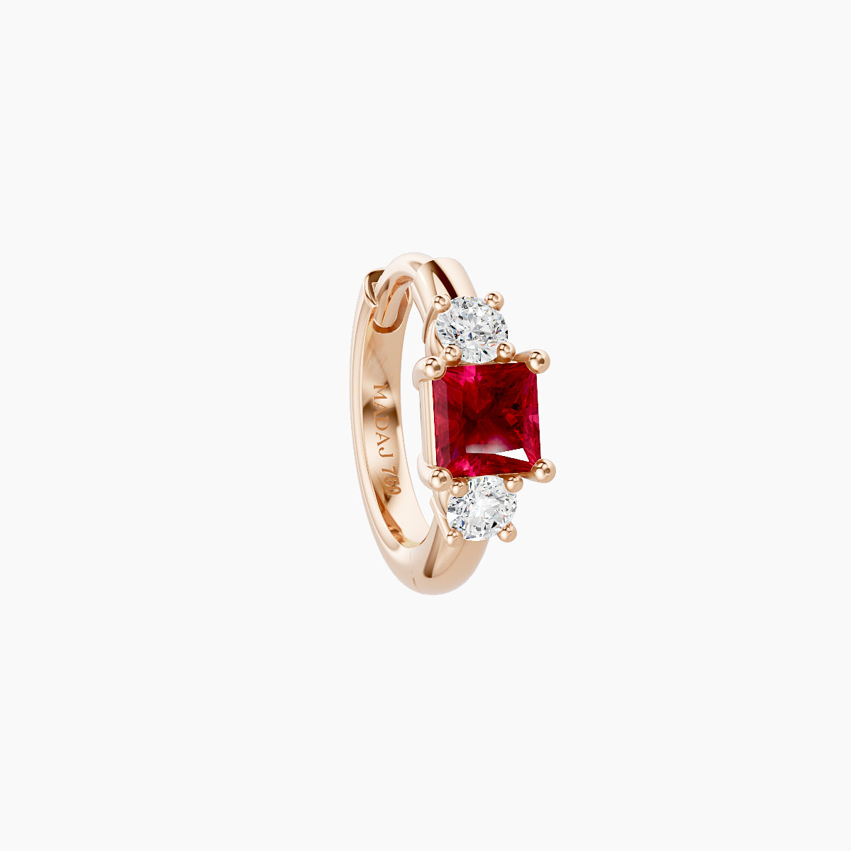 Grace | 18k Rose Gold 6.5 mm Trilogy Princess Ruby & Diamond Hoop Piercing