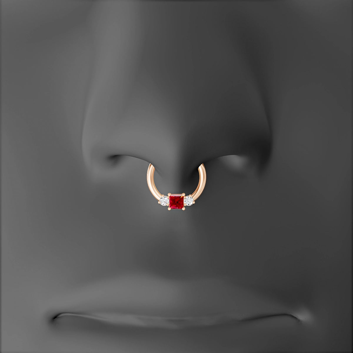 Grace | 18k Rose Gold 8 mm Trilogy Princess Ruby & Diamond Septum Piercing