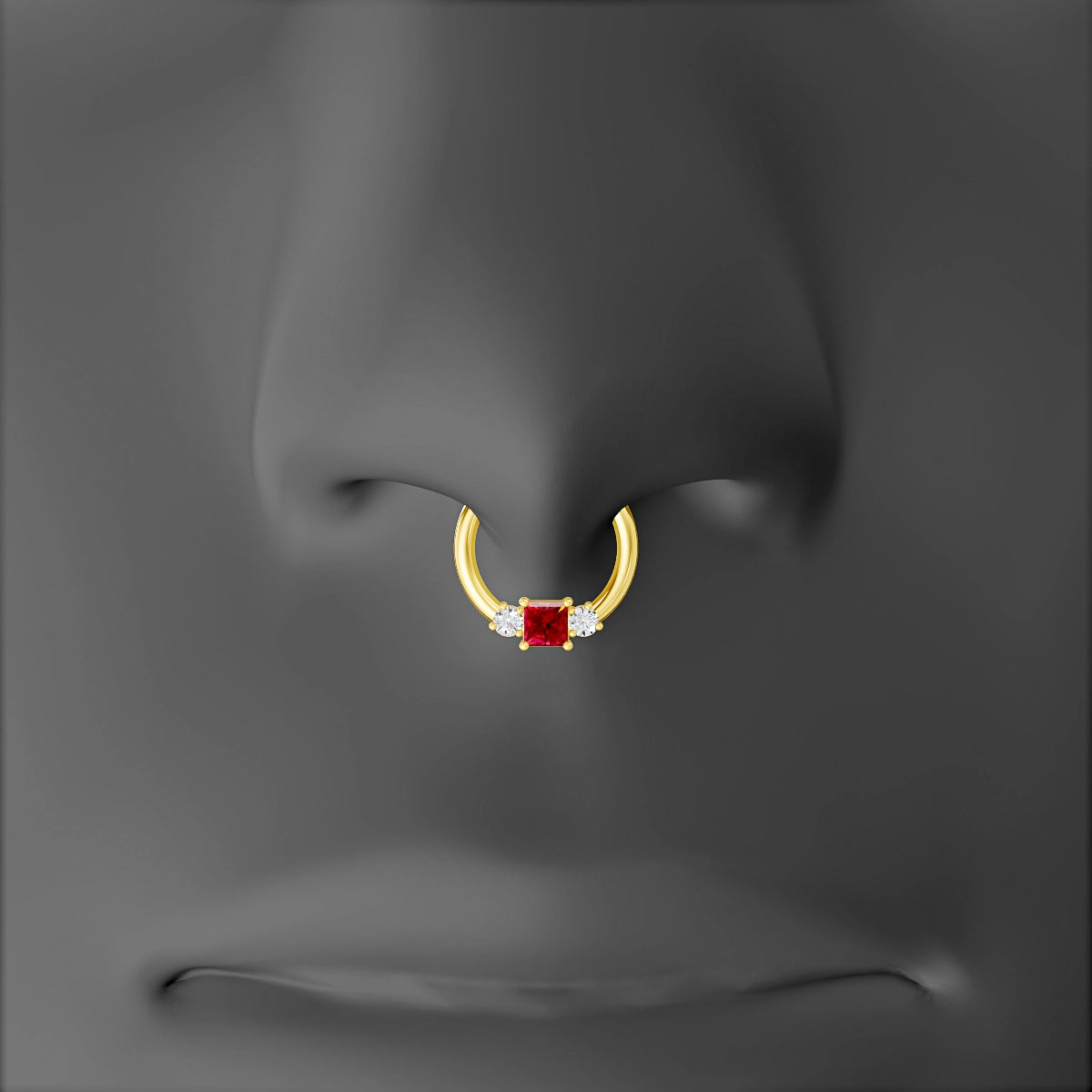 Grace | 18k Yellow Gold 8 mm Trilogy Princess Ruby & Diamond Septum Piercing