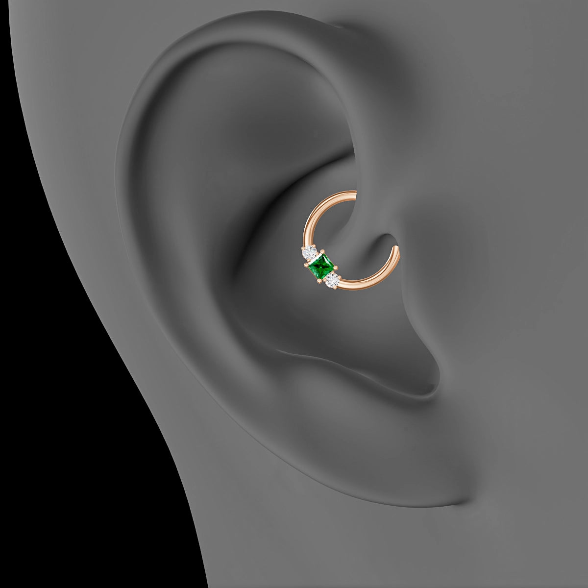 Grace | 18k Rose Gold 9.5 mm Trilogy Princess Emerald & Diamond Daith Piercing