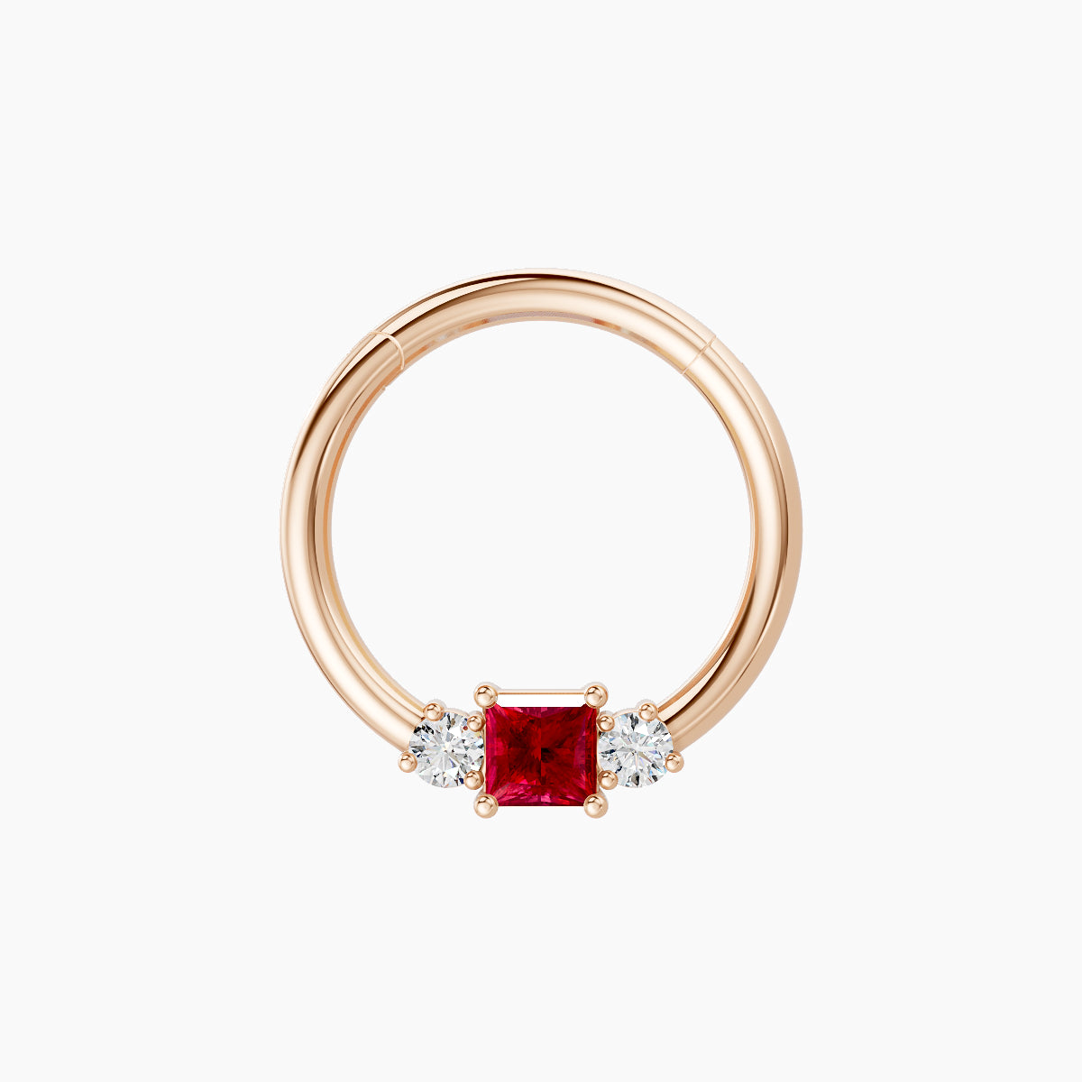 Grace | 18k Rose Gold 9.5 mm Trilogy Princess Ruby & Diamond Septum Piercing
