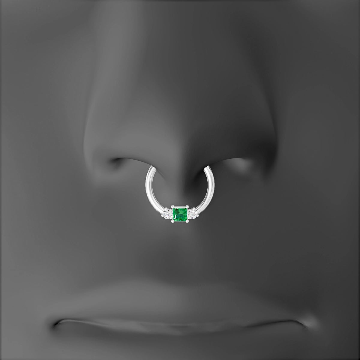 Grace | 18k White Gold 9.5 mm Trilogy Princess Emerald & Diamond Septum Piercing
