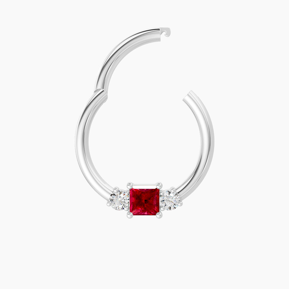 Grace | 18k White Gold 9.5 mm Trilogy Princess Ruby & Diamond Septum Piercing