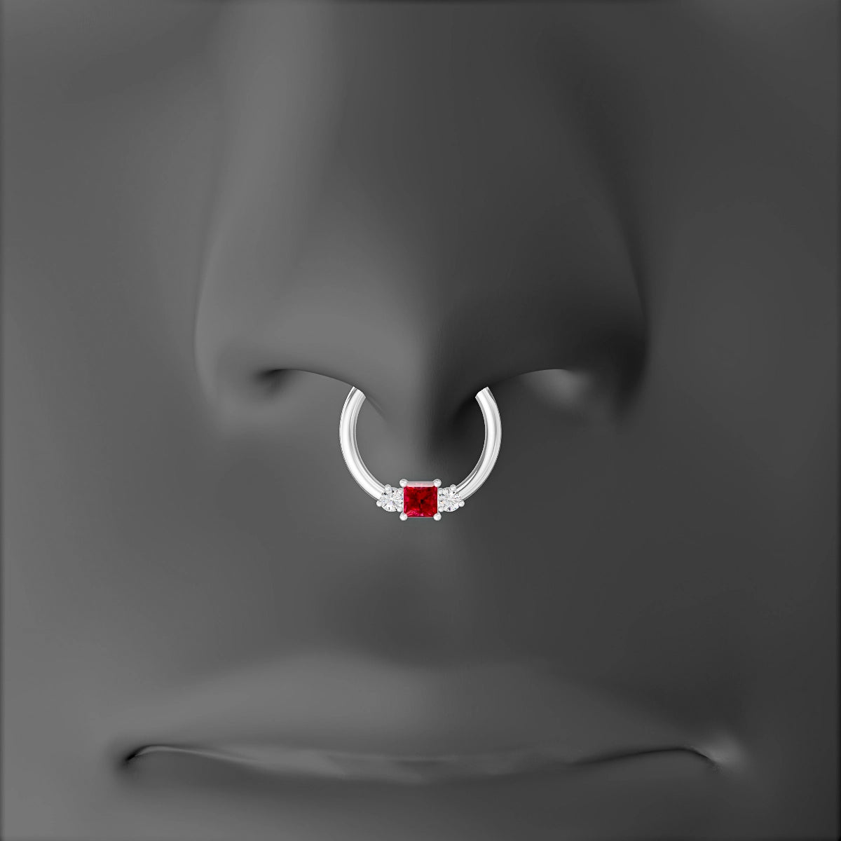 Grace | 18k White Gold 9.5 mm Trilogy Princess Ruby & Diamond Septum Piercing