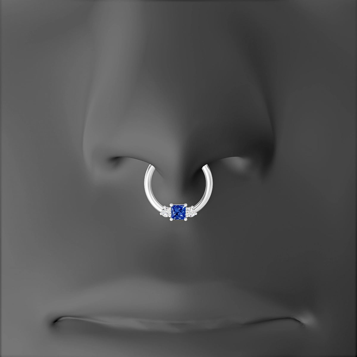 Grace | 18k White Gold 9.5 mm Trilogy Princess Sapphire & Diamond Septum Piercing