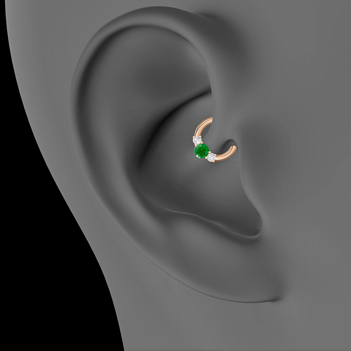 Grace | 18k Rose Gold 6.5 mm Trilogy Round Emerald & Diamond Daith Piercing