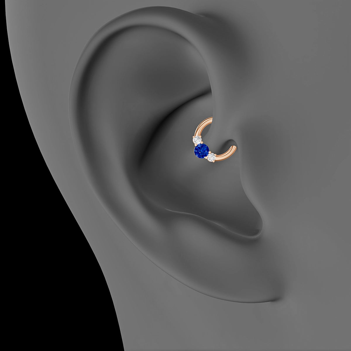 Grace | 18k Rose Gold 6.5 mm Trilogy Round Sapphire & Diamond Daith Piercing