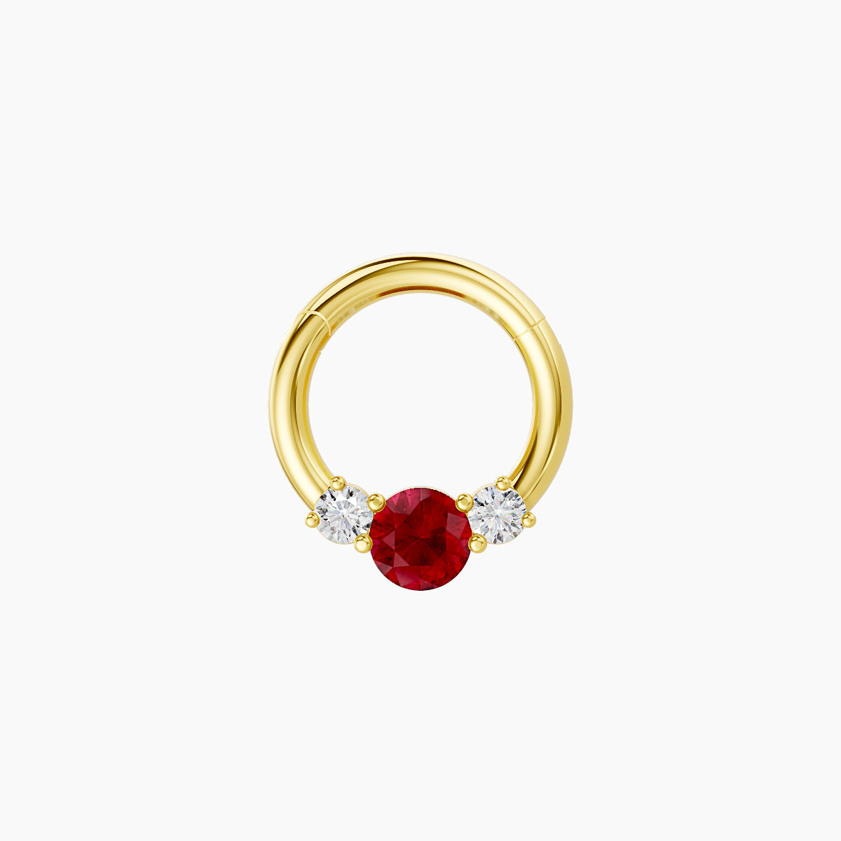 Grace | 18k Yellow Gold 6.5 mm Trilogy Round Ruby & Diamond Daith Piercing