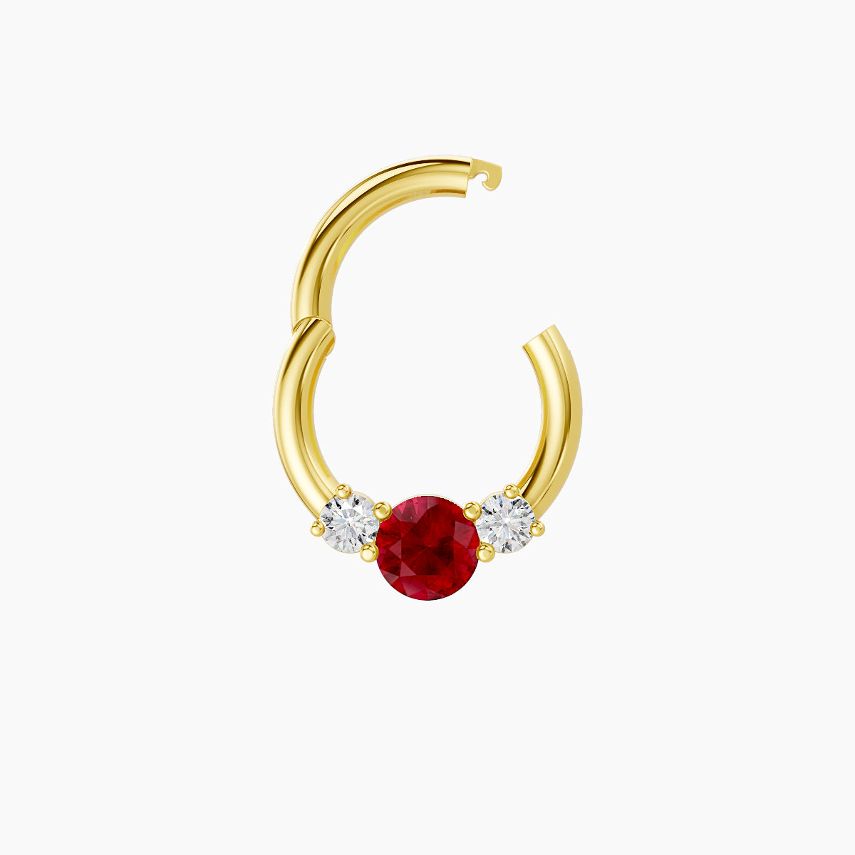 Grace | 18k Yellow Gold 6.5 mm Trilogy Round Ruby & Diamond Daith Piercing
