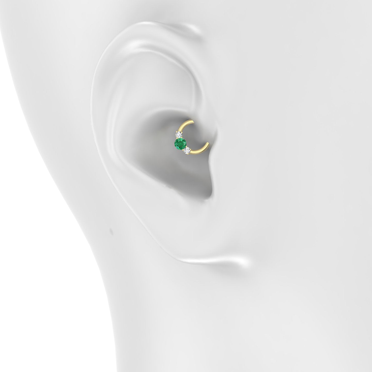 Grace | 18k Yellow Gold 6.5 mm Trilogy Round Emerald & Diamond Daith Piercing