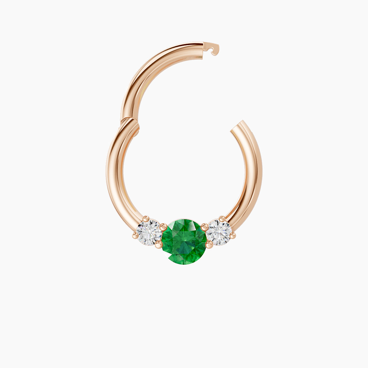Grace | 18k Rose Gold 8 mm Trilogy Round Emerald & Diamond Daith Piercing
