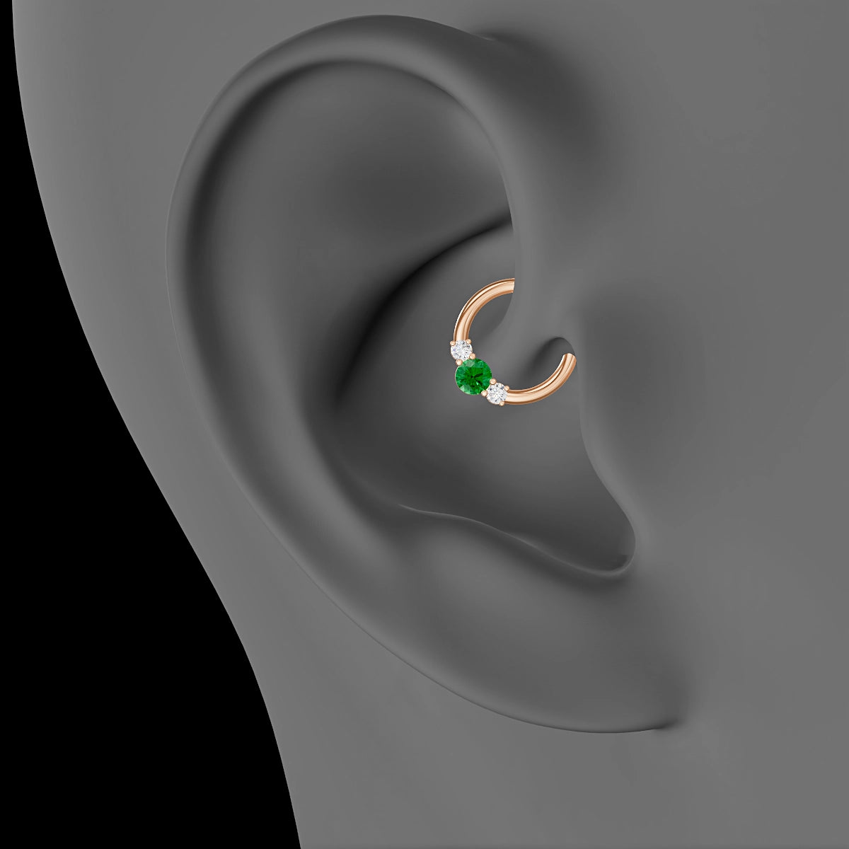 Grace | 18k Rose Gold 8 mm Trilogy Round Emerald & Diamond Daith Piercing