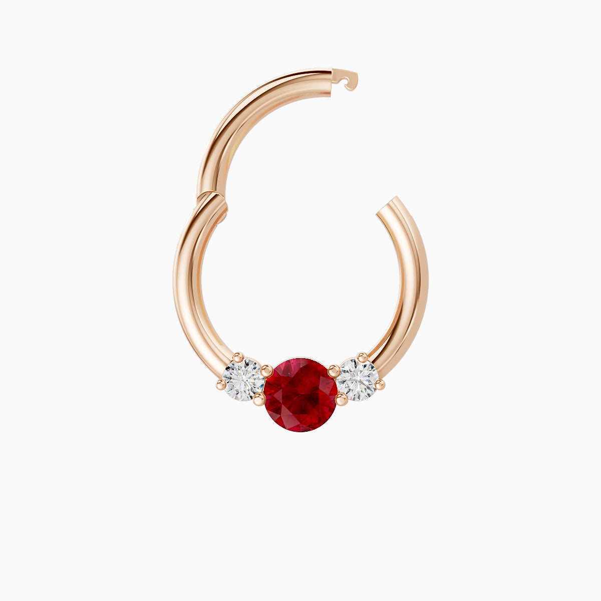 Grace | 18k Rose Gold 8 mm Trilogy Round Ruby & Diamond Daith Piercing