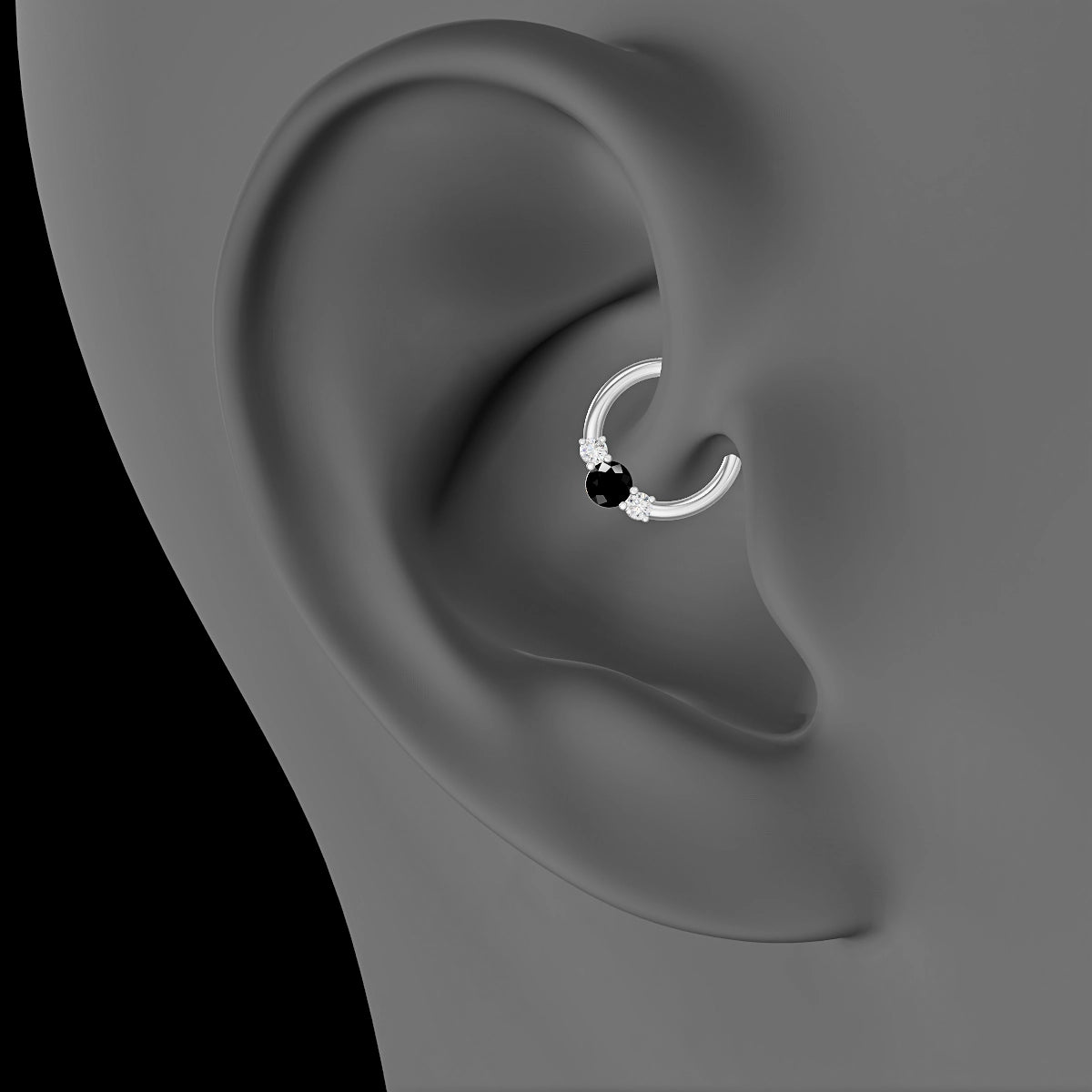 Grace | 18k White Gold 8 mm Trilogy Round Black Diamond & Diamond Daith Piercing