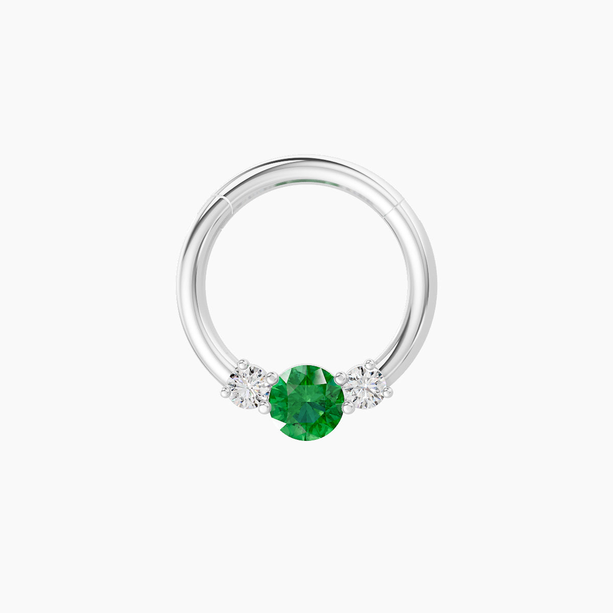 Grace | 18k White Gold 8 mm Trilogy Round Emerald & Diamond Daith Piercing