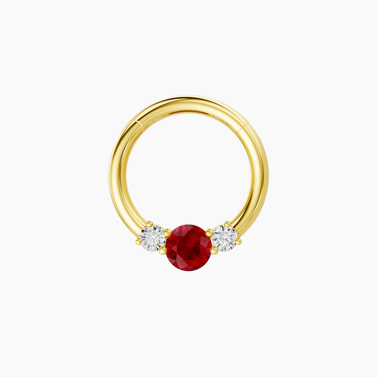 Grace | 18k Yellow Gold 8 mm Trilogy Round Ruby & Diamond Daith Piercing