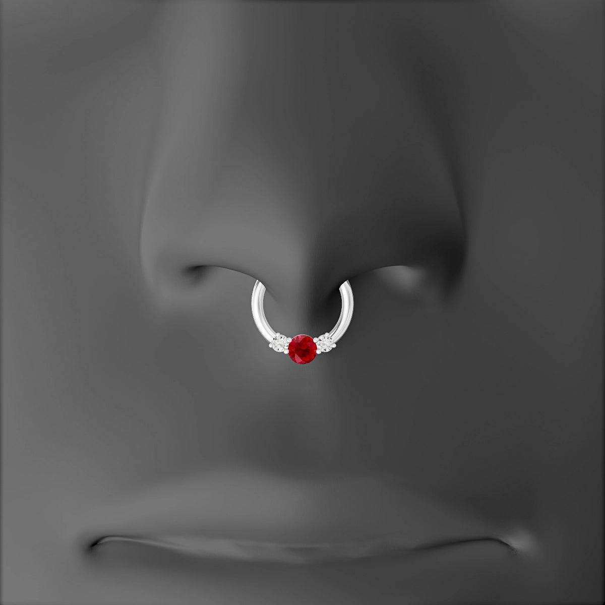 Grace | 18k White Gold 8 mm Trilogy Round Ruby & Diamond Septum Piercing